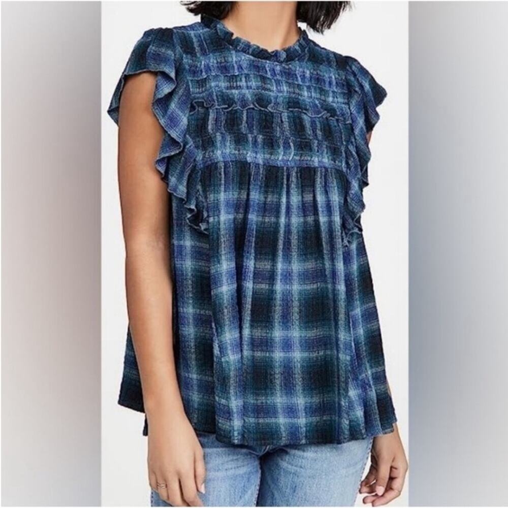 Free People Not Your Average Girl Blue Plaid Ruffle Sleeveless Swing Top M